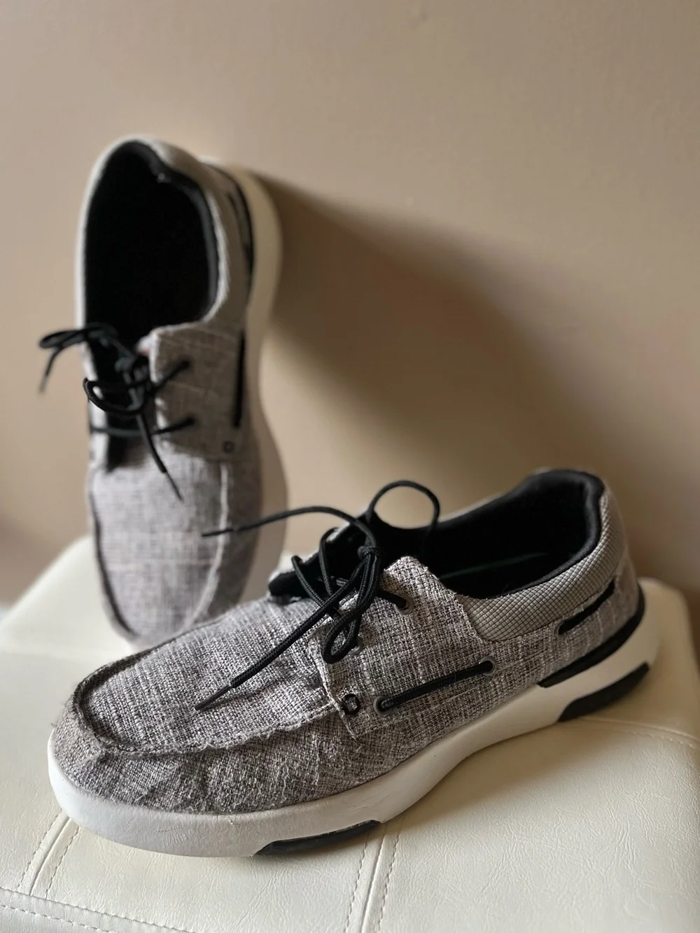 Light Gray Men's Slip-On Boat Shoe with Cushioned White Sole, Size 46 (11.5 US)